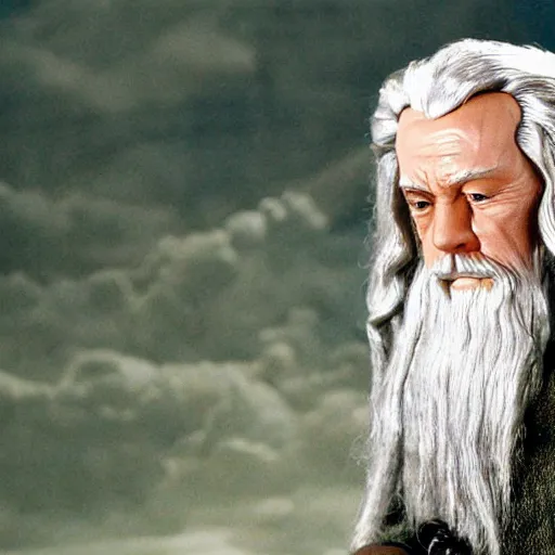 Prompt: A Still of Patrick McGoohan as Gandalf in The Lord of the Rings (2001), full-figure