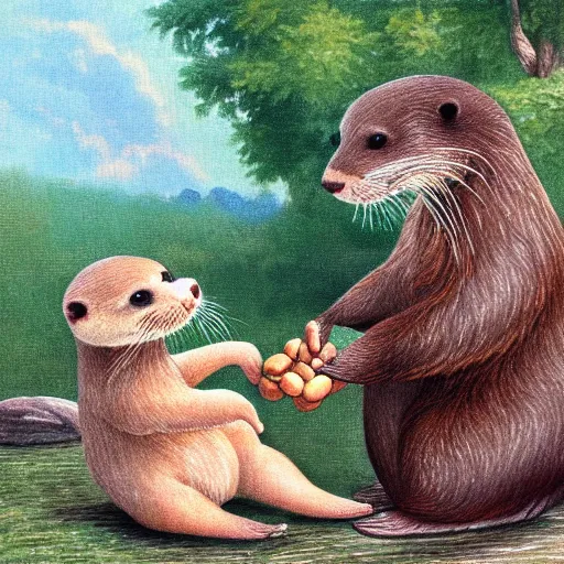 Image similar to an otter child wearing cute overalls holds out a chestnut in its paws, fantasy illustration,