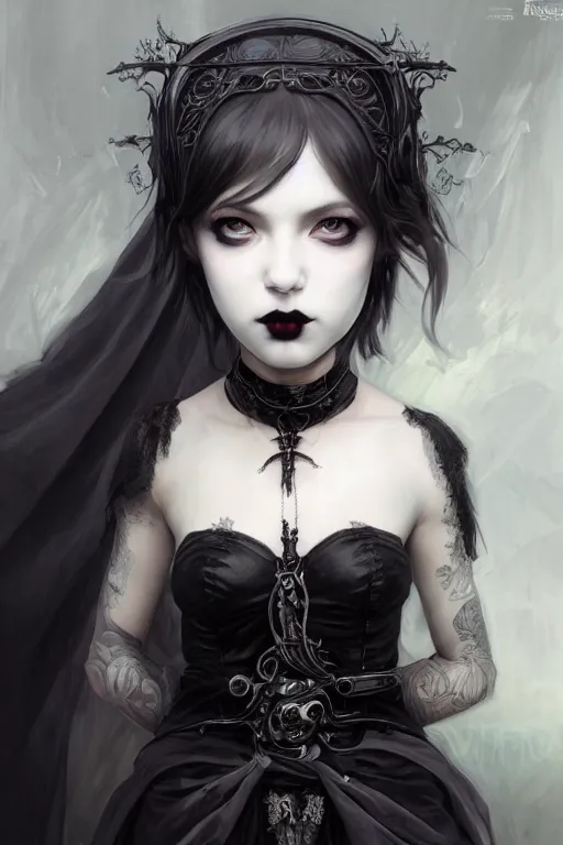 Prompt: portrait of radical lolita girl, dreamy and ethereal and dark, black eyes, silver short hair, smiling expression, ornate goth dress, dark fantasy, chaotic, elegant, black crows flying, highly detailed, digital painting, artstation, concept art, smooth, sharp focus, illustration, art by artgerm and greg rutkowski and alphonse mucha