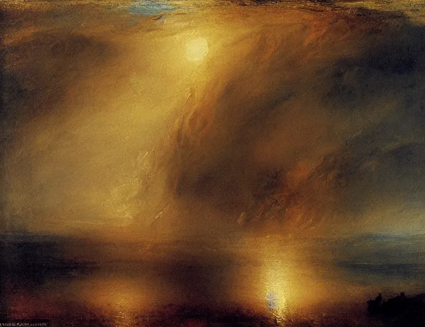 Prompt: sea, by JMW Turner, thick empasto oil paint, high textures, serene, cinematic, moonlight illuminating the scene