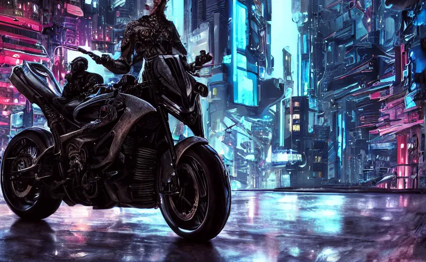 Image similar to Cyberpunk yamaha motorcycle, hyperrealistic mixed media, stunning 3d render inspired art by P. Craig Russell and Barry Windsor-Smith + perfect facial symmetry + dim volumetric lighting, 8k octane beautifully detailed render, post-processing, extremely hyperdetailed, intricate futuristic mechanic parts, epic composition, grim yet sparkling atmosphere, cinematic lighting + masterpiece, trending on artstation