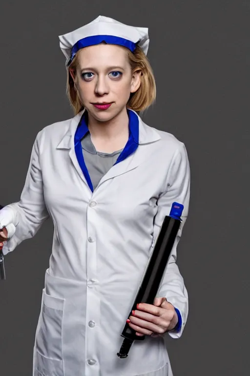 Image similar to elizabeth holmes as a psychopath nurse holding a giant syringe, cosplay, studio lighting, marvel, villainess