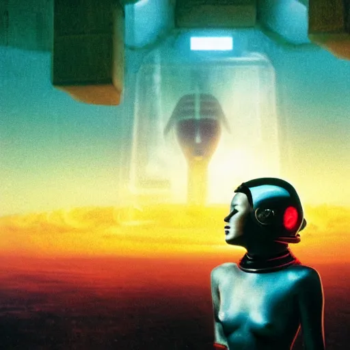 Prompt: beautiful Fine art photo of a young enraptured godess wearing an electronic cyberpunk mayan helmet, photorealistic, high quality, sunset lighting, in the movie 2001 A Space Odyssey, 8k