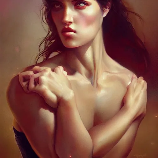 Image similar to painting of a very beautiful girl with muscles, by tom bagshaw, greg rutkowski, wlop