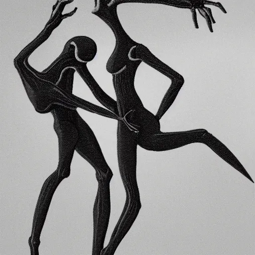 Prompt: Two elegant humanoid creatures fused at the shoulders dancing on their pointy limbs