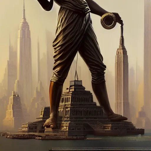 Image similar to a bronze statue stands as the centerpiece of futuristic art deco new york city, fantasy, intricate, elegant, digital painting, trending on artstation, concept art, sharp focus, illustration by greg rutkowski, Gaston Bussiere and artgerm, 4k.