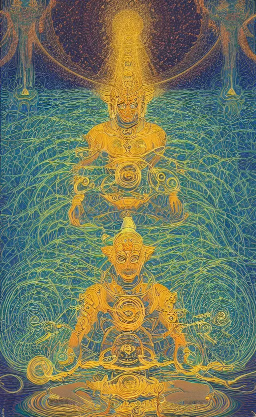 Image similar to astral monk at the temple of gon within the 5 th dimension, cosmic, symmetrical, golden ratio, dmt, psychedelic, detailed, by victo ngai, by gustave dore