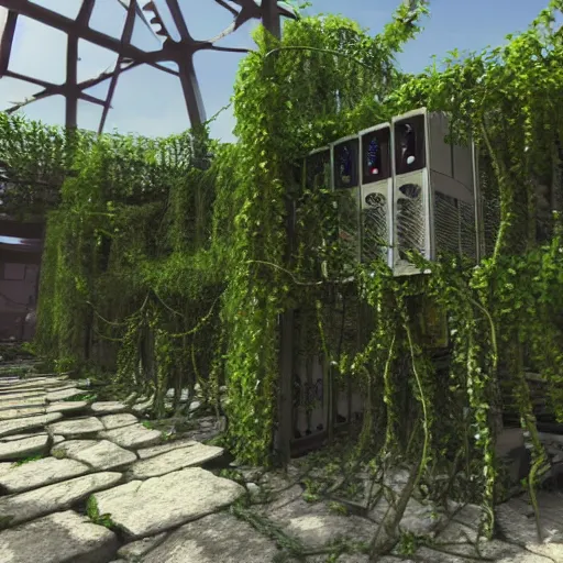 Prompt: Racks of computer equipment surrounded by ancient ruins and covered in vines, concept art, highly detailed, 8k, hyper realistic, unreal engine