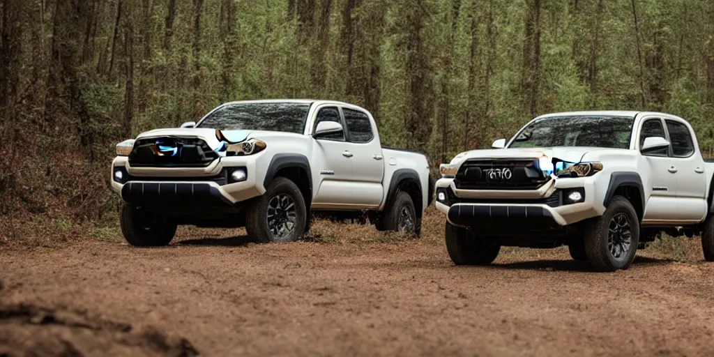 Prompt: Toyota Tacoma as an SUV driving on a forest road