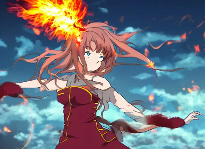 Prompt: in the style of Madhouse studio anime, girl shooting fireballs at a dragon, battle pose