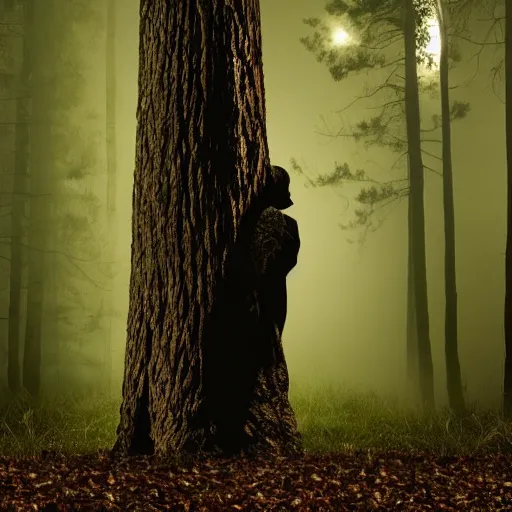 Image similar to a dark creepy man with bright eyes hiding behind a tree in the woods at night staring