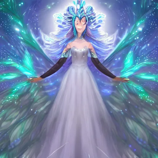 Prompt: a silver shining star skinned moth druid wearing a magically imbued ethereal elven ball gown made from clouds and peacock feathers with fairy lights inside the clouds to resemble stars, cloud mage robes, fantasy, proper anatomy, fantasy art, in the style of the dragon prince on netflix