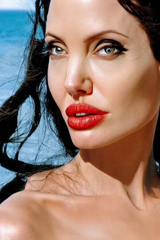 Image similar to close up headshot of angelina jolie as Nico Robin from One Piece standing on a beach, cosplay, photograph by Mario Testino