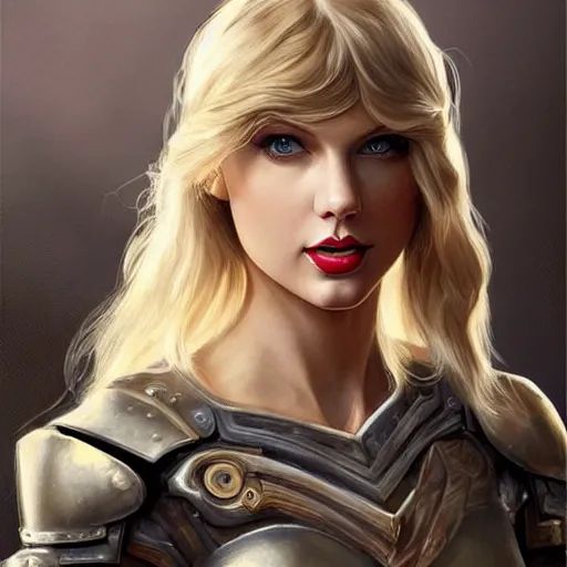 Image similar to a professional painting of Taylor Swift as a beautiful young female, clothed in battle armor, olive skin, long blonde hair, beautiful bone structure, symmetrical facial features, intricate, elegant, digital painting, concept art, smooth, sharp focus, illustration, from StarCraft by Ruan Jia and Mandy Jurgens and Artgerm and William-Adolphe Bouguerea