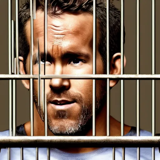 Image similar to Ryan Reynolds in prison uniform behind bars, holding the bars with his hands wanting out, highly detailed, high quality, HD, 4k, 8k, Canon 300mm, professional photographer, 40mp, lifelike, top-rated, award winning, realistic, sharp, no blur, edited, corrected, trending