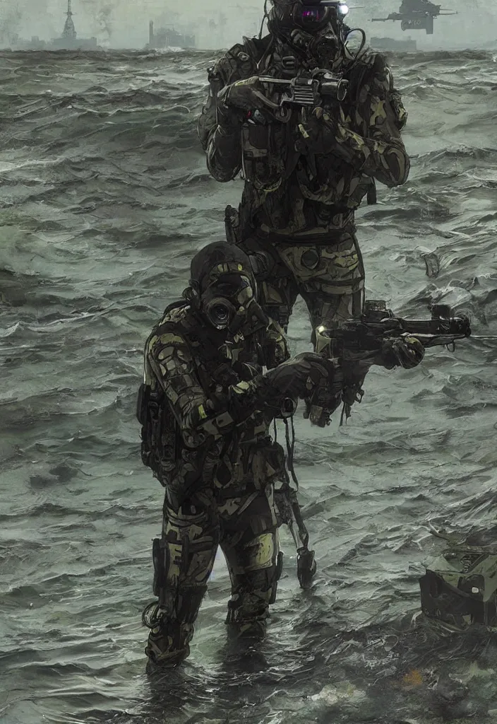 Image similar to Chidi. USN blackops operator emerging from water at the shoreline. Operator wearing Futuristic cyberpunk tactical wetsuit and looking at an abandoned shipyard. Frogtrooper. rb6s, MGS, and splinter cell Concept art by James Gurney, greg rutkowski, and Alphonso Mucha. Vivid color scheme.
