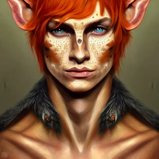 Image similar to portrait painting of an elven eladrin young man with short light orange hair and freckles and tribal tattoos on his cheekbones wearing fancy fur armor, sharp focus, award - winning, trending on artstation, masterpiece, highly detailed, intricate. art by merwild and ernesto irawan and rachel denton