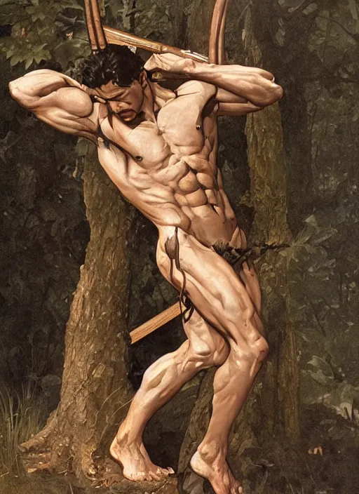 Image similar to Saint Sebastian tied to a tree in the forest, intricate, elegant, highly detailed, digital painting, artstation, concept art, smooth, sharp focus, illustration, art by frazetta and bouguereau and aleksi briclot