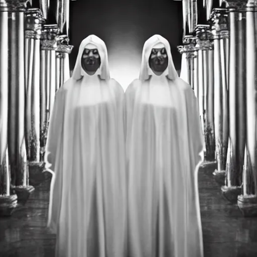 Prompt: nightmare vision, short depth of field. black and white, award winning photo of smiling levitating twin nuns, wearing translucent sheet, Mary in a sanctuary, mirror hallways, eerie, tall columns, frightening —width 1024 —height 1024