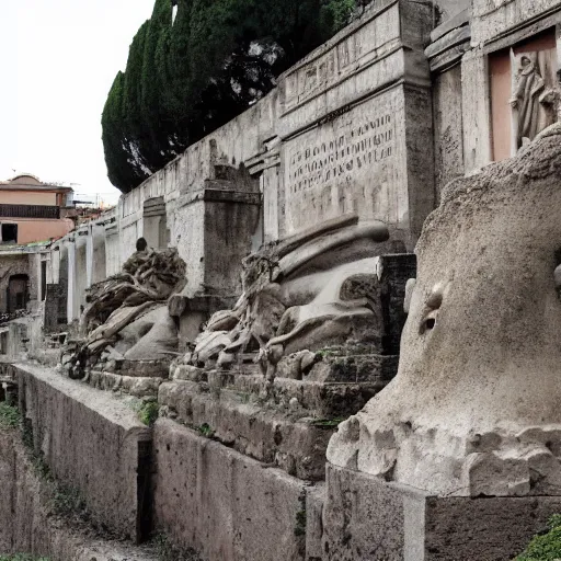 Prompt: Filmed photo of Rome necropolis, with japanese symbolic