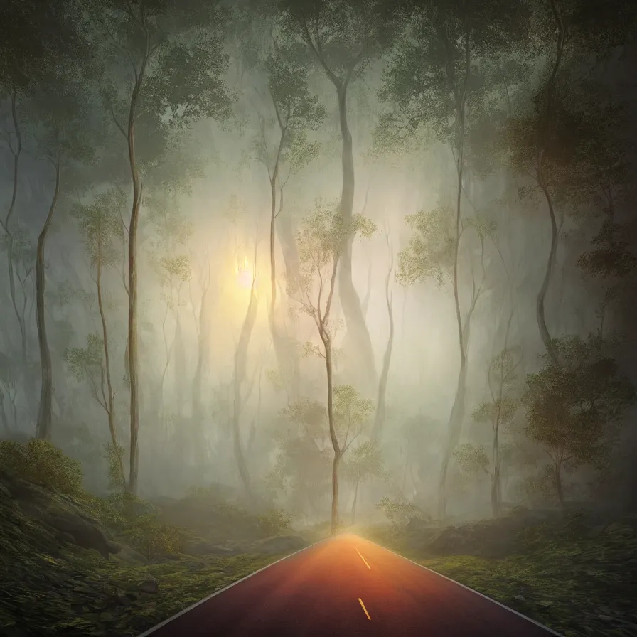 Prompt: surrealist abstract art of a highway road leading to the horizon through a thick giant forest down a rocky mountain coast towards a majestic sunset. atmospheric foggy landscape, soft tones, psychedelic, ultra realistic, concept art, modern art, photorealistic, octane render. art by nori inoguchi and sam kaplan and zachary goulko and christopher marley