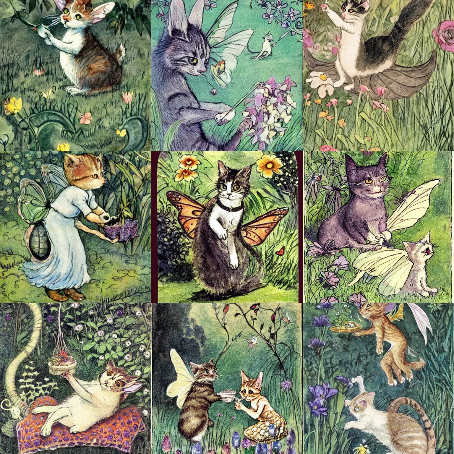Prompt: a garden cat that has caught a fairy. fairy wings sticking out of cat's mouth. illustration by cicely mary barker