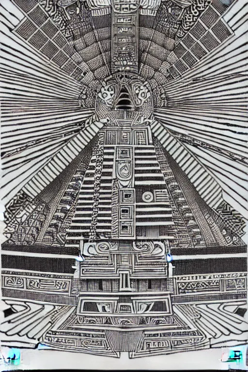 Image similar to a black and white drawing of an ancient future mayan temple mandala cityscape, a detailed mixed media collage by hiroki tsukuda and eduardo paolozzi and moebius, intricate linework, sketchbook psychedelic doodle comic drawing, geometric, street art, polycount, deconstructivism, matte drawing, academic art, constructivism