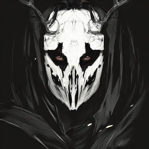 Image similar to portrait of a character wearing a black cloak, with a white mask in the shape of a deer skull, the mask covers her entire face, there are no antlers, dramatic lighting, illustration by Greg rutkowski, yoji shinkawa, 4k, digital art, concept art, trending on artstation