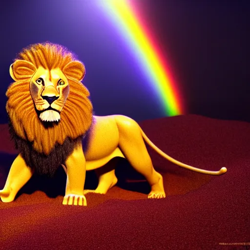 Prompt: lion made of rainbow sand, volumetric light, cinematic, extremely detailed, cgi, trending on artstation, hyper realistic, hd wallpaper, sharp, michael whelan, ted nasmith
