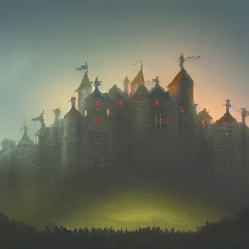 Image similar to a castle on a hill, in the middle of a forest, dusk, landscape, concept art, painting