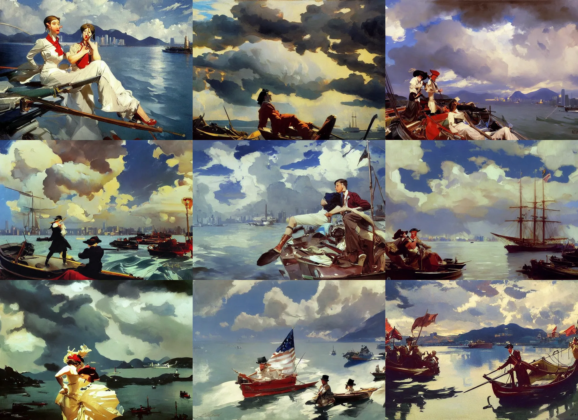 Prompt: painting by sargent and leyendecker and greg hildebrandt savrasov levitan, studio ghibly style mononoke, low thunder clouds hong kong victoria harbour, french revolution