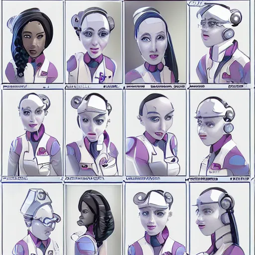 Image similar to a character expression sheet for a quirky female space engineer character in the style of an animated feature film concept art, detailed, beautiful digital painting, expressive, well drawn, expert, characterful, unique, emotive, emotional