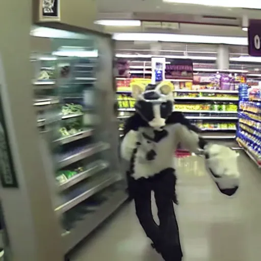 Prompt: cctv footage of furry in fursuit robbing the supermarket