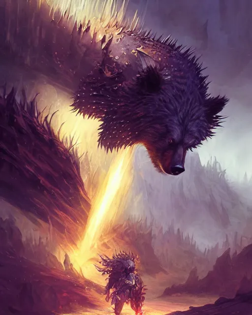 Image similar to Bear Spiky Armor, magic the gathering artwork, D&D, fantasy, cinematic lighting, centered, symmetrical, highly detailed, digital painting, artstation, concept art, smooth, sharp focus, illustration, volumetric lighting, epic Composition, 8k, art by Akihiko Yoshida and Greg Rutkowski and Craig Mullins, oil painting, cgsociety