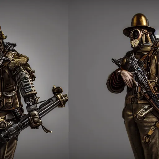 Prompt: photo of a highly detailed steampunk soldier carrying a steampunk rifle in his arms, 4k, octane render