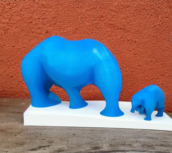 Image similar to a minimalist curvy shaped sculpture of hippopotamus! baby, bottom made half wood, top half blue translucid resin epoxy, cubic blocks stripes, side view profile centered, studio, white background