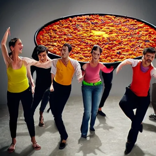 Prompt: six people dancing on a big paella valenciana