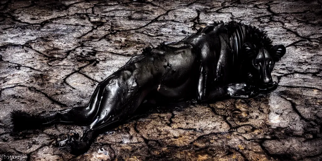 Image similar to the black lioness made of tar, dripping tar, dripping goo, sticky black goo, bathing in the pit filled with tar, dripping goo, sticky black goo. photography, dslr, reflections, black goo, rim lighting, cinematic light, tar pit saturated