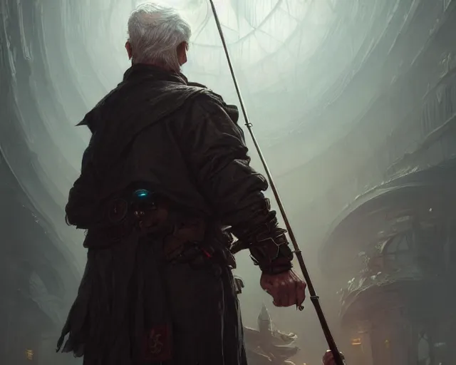 Image similar to old man with cyberpunk walking stick, deep focus, d & d, fantasy, intricate, elegant, highly detailed, digital painting, artstation, concept art, matte, sharp focus, illustration, hearthstone, art by artgerm and greg rutkowski and alphonse mucha