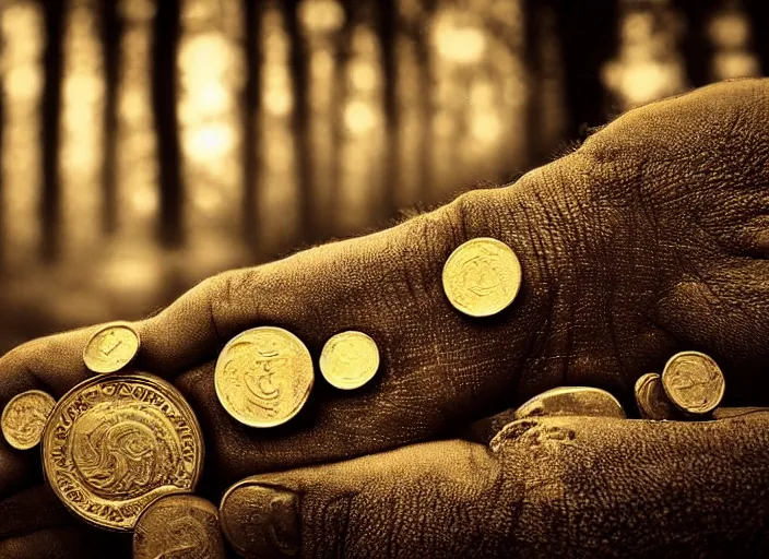 Image similar to old retro burnt out sepia photograph with scratches of an old and wrinkled hand holding a few golden coins with royal engravings. magical forest in the background with bokeh. Antique. High quality 8k. Intricate. Sony a7r iv 35mm. Award winning. Zdzislaw beksinski style