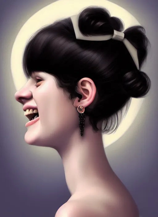 Prompt: portrait of white teenage girl, narrow face, short black hair, bangs, half updo hairstyle, buck toothed big smile, unattractive, defined jawline, long chin, wearing hair bow, earrings, intricate, elegant, glowing lights, highly detailed, digital painting, artstation, sharp focus, illustration, art by wlop, mars ravelo and greg rutkowski