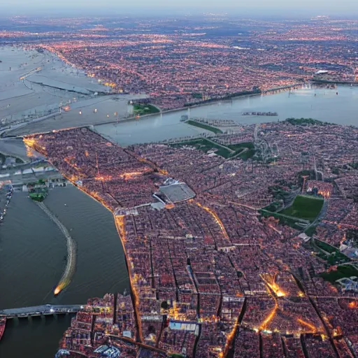 Prompt: photo of bordeaux seen from the sky at dawn with many tornadoes flying over the city and lightning in the sky
