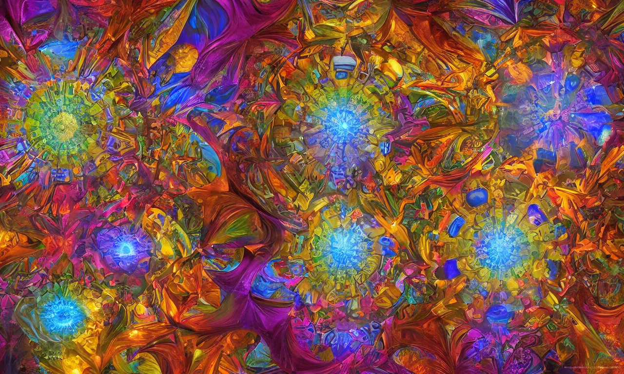 Image similar to voronoi engine laboratory 3 d volume kaleidoscope mandala fractal chakra digital multicolor stylized concept substance by artgerm, rossdraws, norman rockwell, magali villeneuve, gil elvgren, alberto vargas, earl moran, enoch bolles radiating a glowing aura global illumination ray tracing hdr