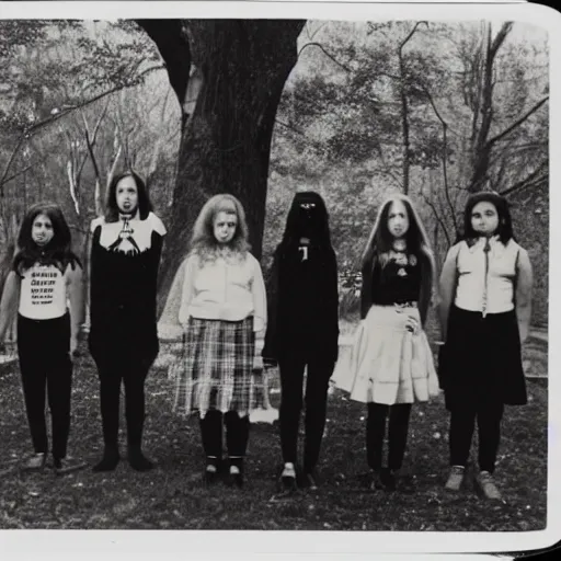 Image similar to Satanic States of America, alternate history, 1970s, girl scouts, goth girl scouts, Satanic girl scouts, black clothing, occult ritual, 1977, 16mm photograph