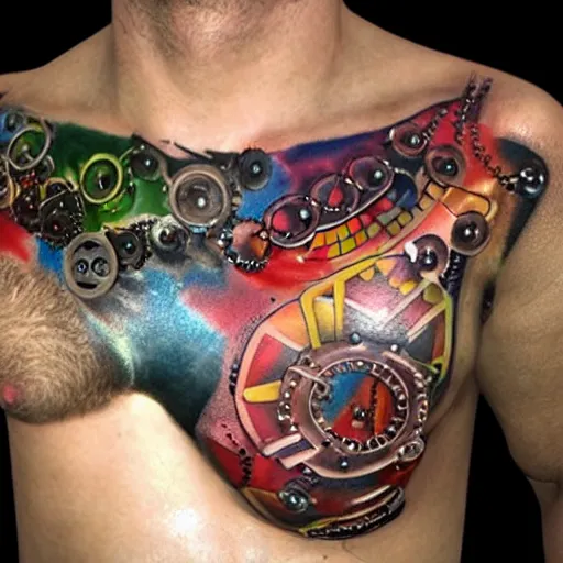 Image similar to chest tattoo of a 3 d hole in the skin with a shiny multicolored metallic gears and tubes and futuristic robotic mechanics inside under the skin, insanely integrate,