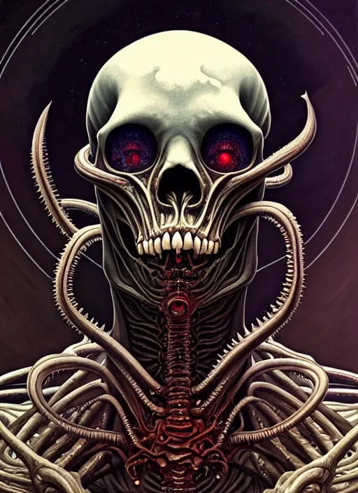 Image similar to symmetry!! portrait of grotesque and gruesome alien skull, cosmic horror, lovecraftian horror, intricate, horror!! highly detailed, digital painting, artstation, giger concept art, smooth, sharp focus, illustration, art by artgerm and greg rutkowski and alphonse mucha and junji ito, 8 k