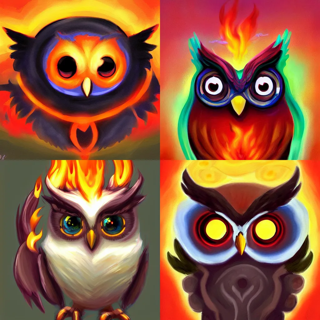 Prompt: full shot,a painting of cute owl Pokémon with big eyes made of flame,Digital art,Conceptual art