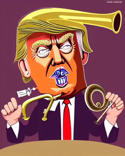 Image similar to painting portrait of trump as a trumpet, cartoon, warm lighting, trump has an trumpet, movie poster, illustration by bartek fedyczak, erak note, tooth wu, neil richards, kan liu, siwoo kim, jisu choe, trending on art station