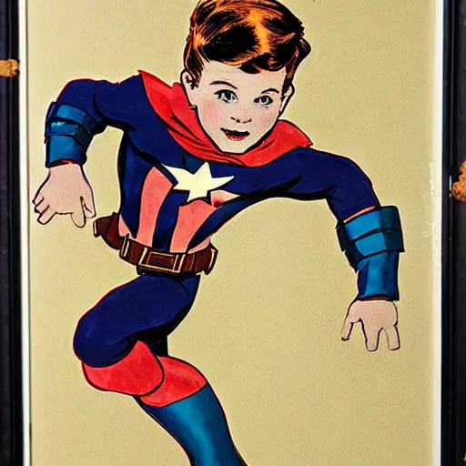 Image similar to a little boy with a mischievous face and short ginger hair. he is dressed as captain america, spider - man, batman, captain marvel, a superhero. well composed, clean elegant painting, beautiful detailed face. by steve ditko and jack kirby and alphonse mucha