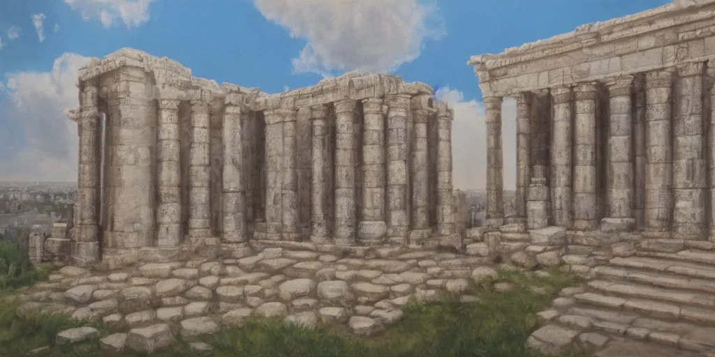 Prompt: painting of herods temple in jerusalem. 2 nd jewish temple. cinematic. epic framing, ultra wide angle, beautiful, 8 k